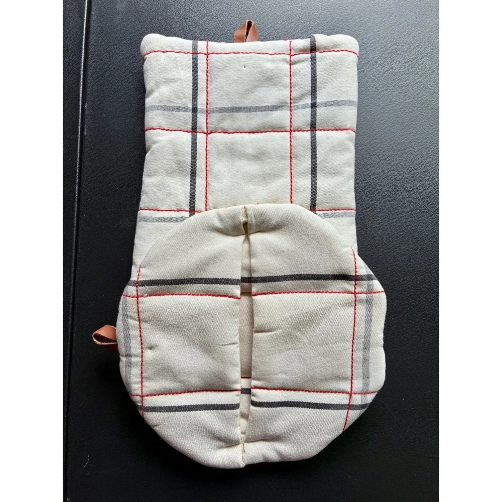 Hearth & Hand Magnolia Plaid Pot Holder Oven Mitt Set Cream Red Gray Farmhouse